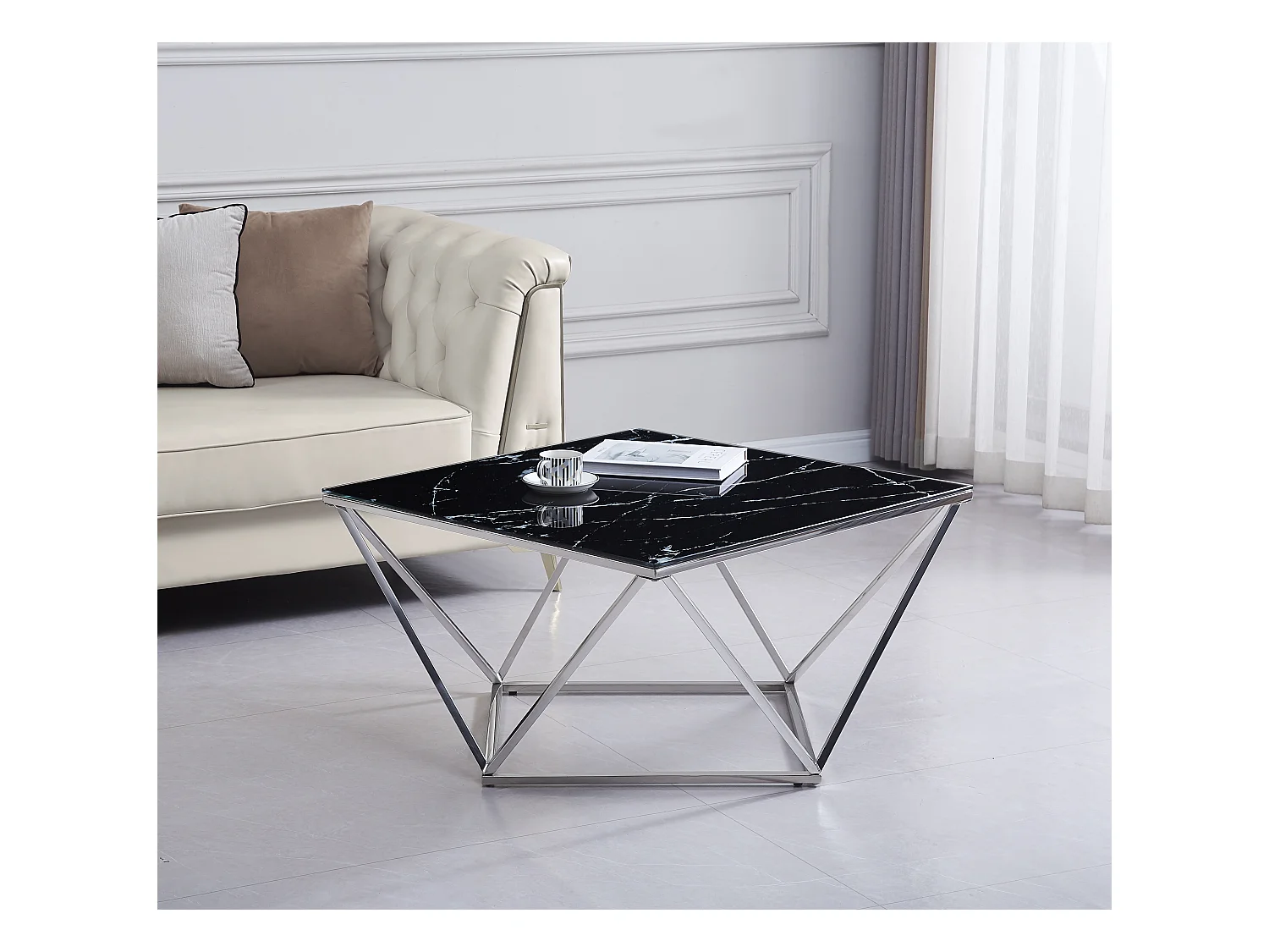 Table Basse ALINA Chrome plateau en verre trempé 80x80x45 cm