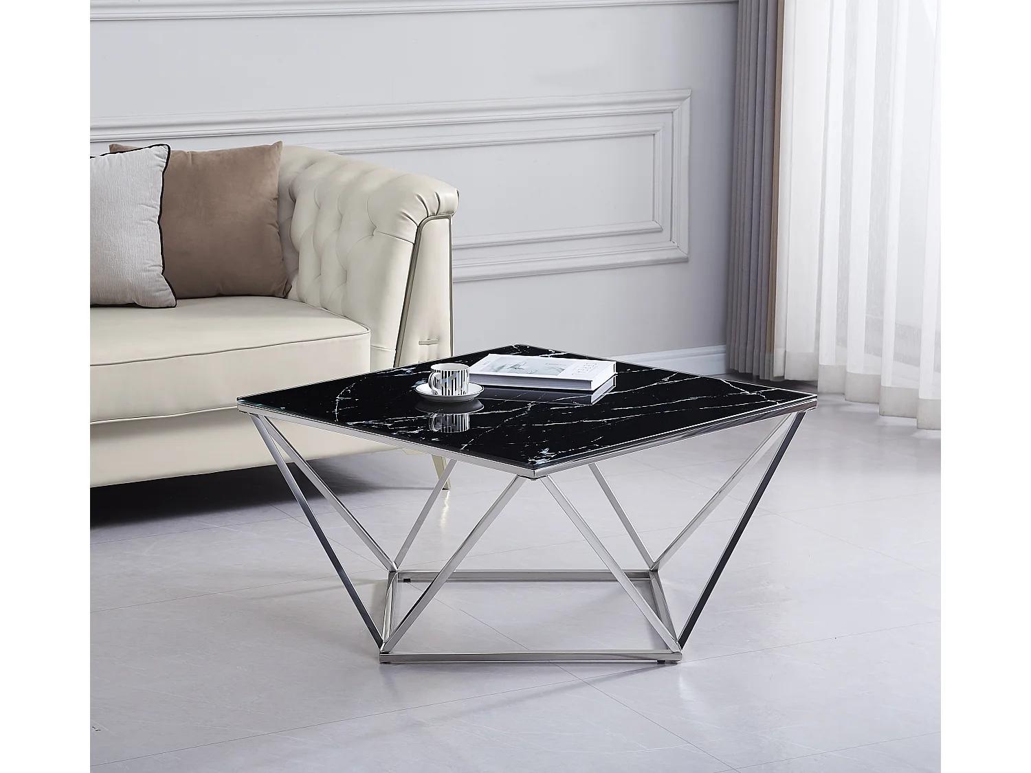 Table Basse ALINA Chrome plateau en verre trempé 80x80x45 cm - Marbré noir