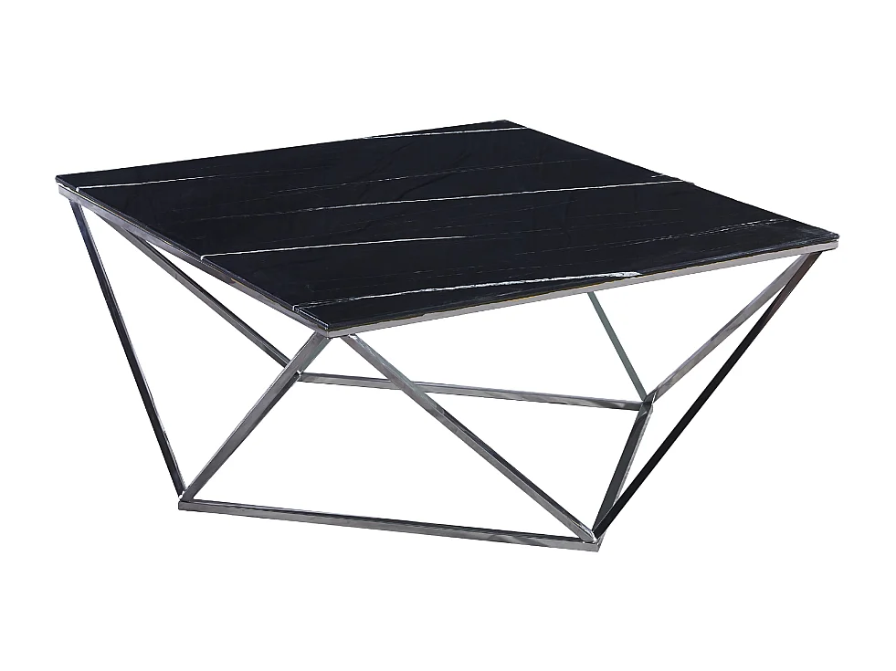 Table Basse ALINA Chrome plateau en verre trempé 80x80x45 cm - Marbré noir