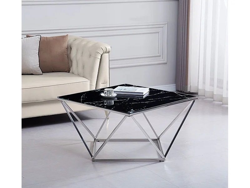 Table Basse ALINA Chrome plateau en verre trempé 80x80x45 cm - Marbré noir