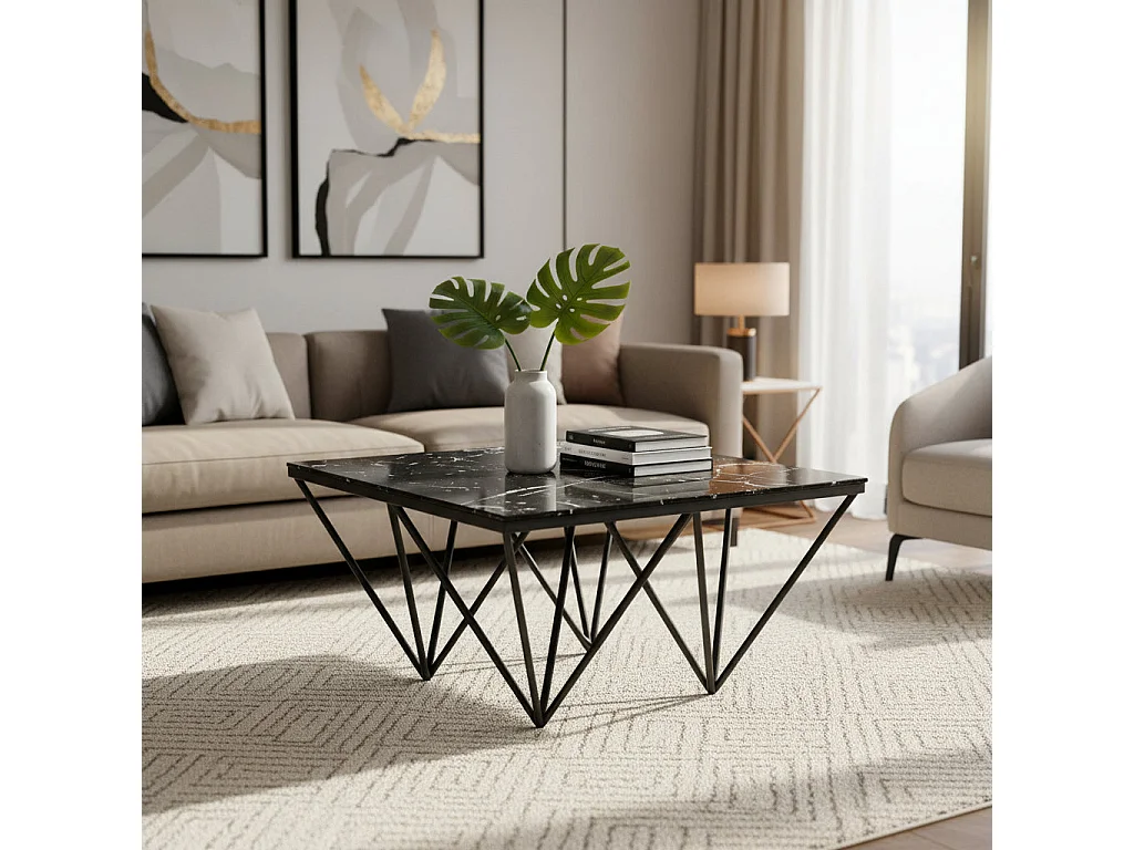 Table Basse carré GIZE pied métal noir et plateau en verre 80x80 cm - Marbré noir