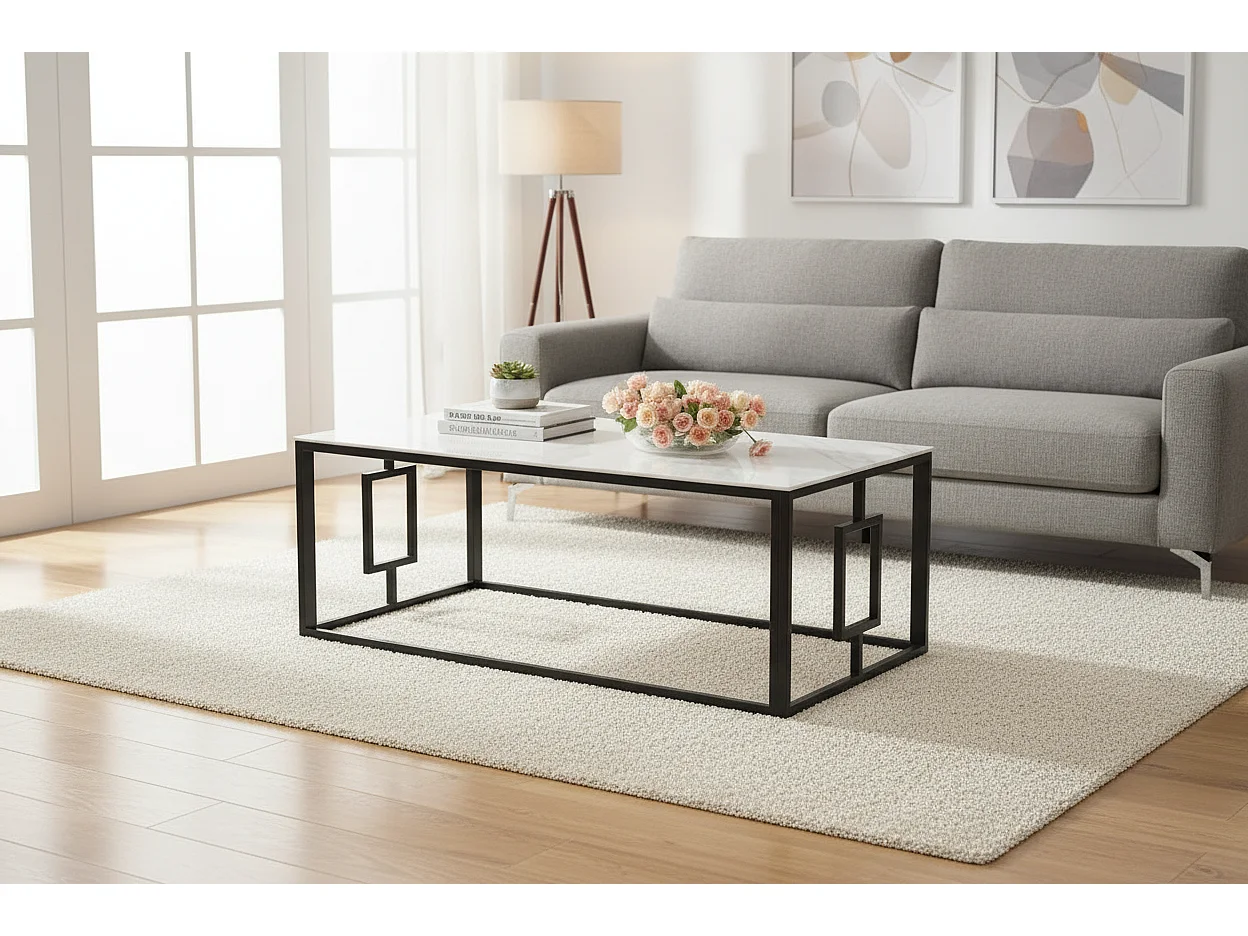 Table Basse SOPHIE Pieds Métal Noir Plateau Verre Trempé Marbré Blanc 120x60x45cm