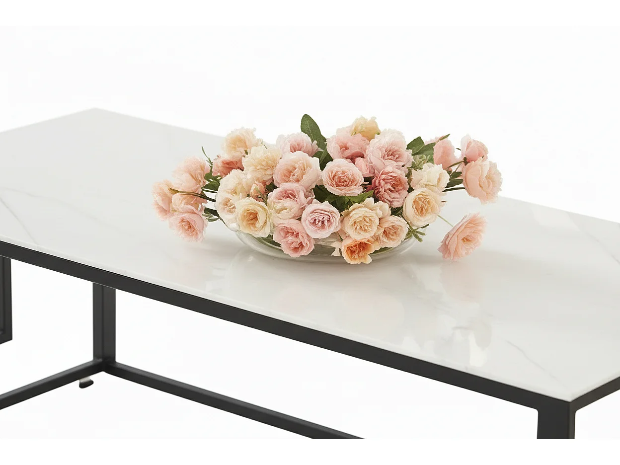 Table Basse SOPHIE Pieds Métal Noir Plateau Verre Trempé Marbré Blanc 120x60x45cm