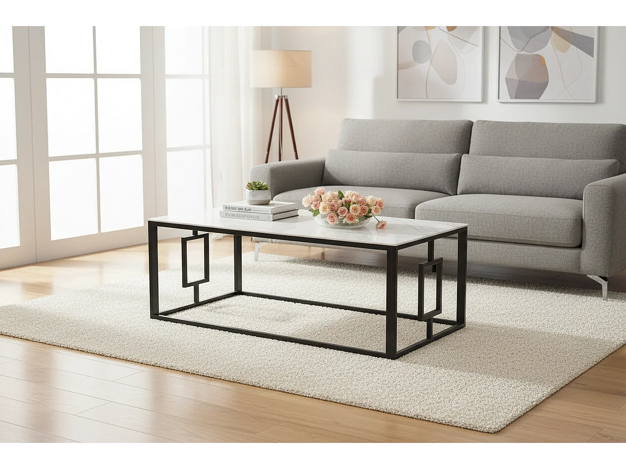 Table Basse SOPHIE Pieds Métal Noir Plateau Verre Trempé Marbré Blanc 120x60x45cm