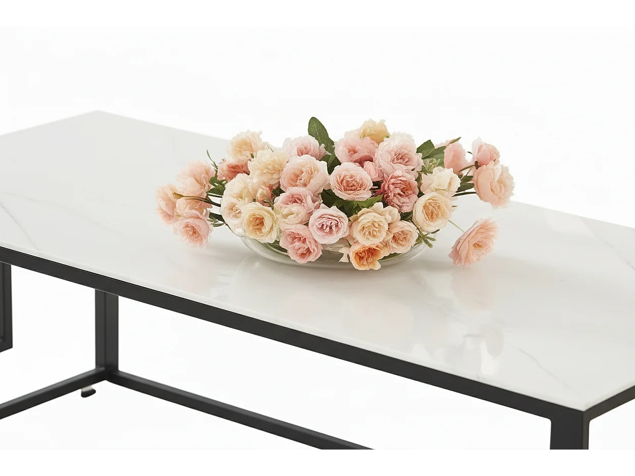 Table Basse SOPHIE Pieds Métal Noir Plateau Verre Trempé Marbré Blanc 120x60x45cm