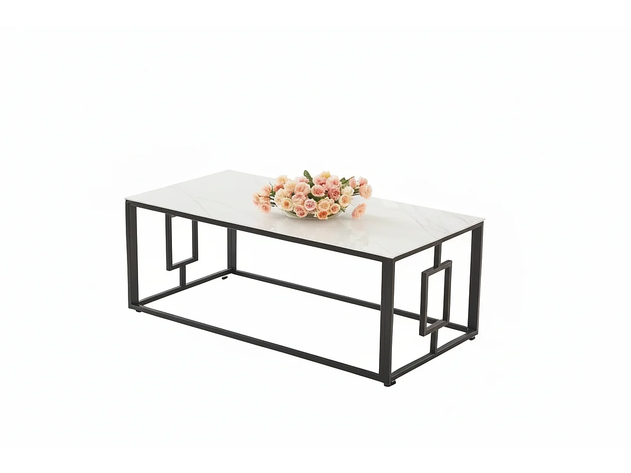 Table Basse SOPHIE Pieds Métal Noir Plateau Verre Trempé Marbré Blanc 120x60x45cm