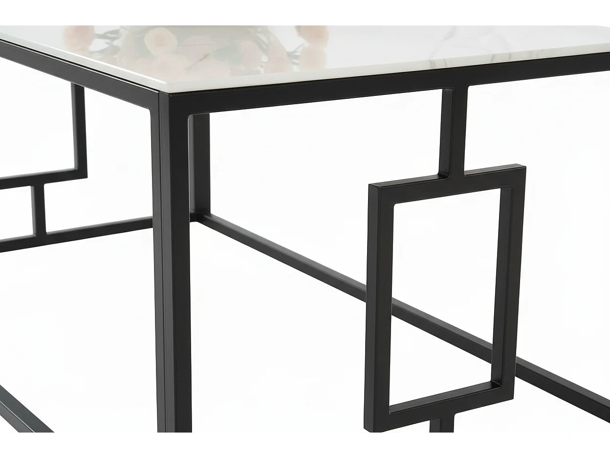 Table Basse SOPHIE Pieds Métal Noir Plateau Verre Trempé Marbré Blanc 120x60x45cm