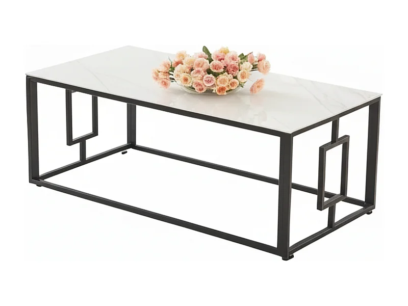 Table Basse SOPHIE Pieds Métal Noir Plateau Verre Trempé Marbré Blanc 120x60x45cm