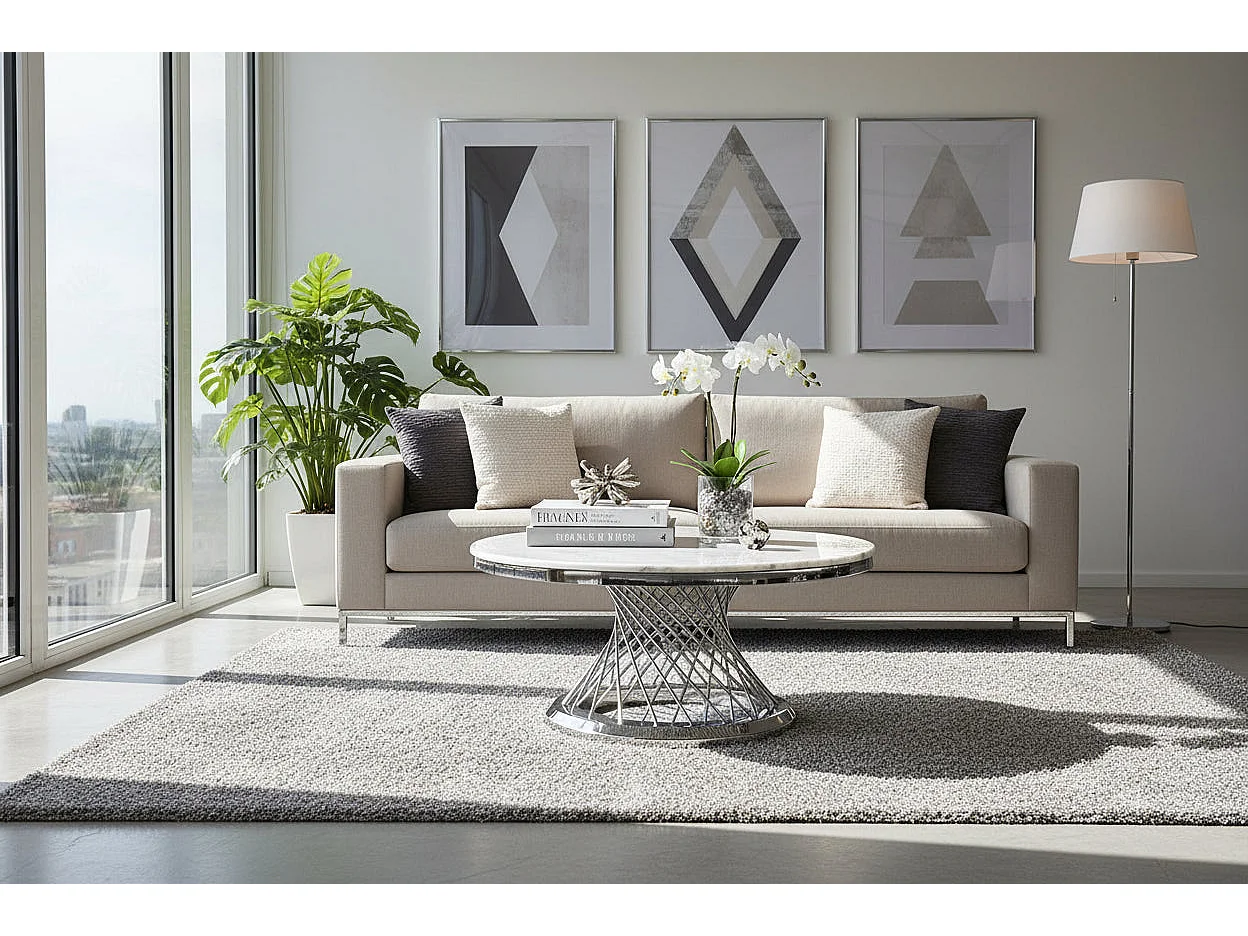 Table Basse DELUXE Ronde Plateau Verre Trempé Marbré Blanc Structure Chrome D100x45cm