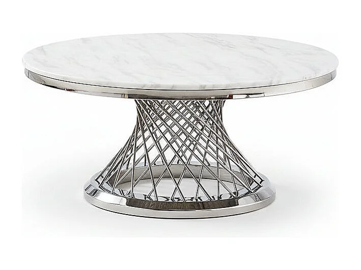 Table Basse DELUXE Ronde Plateau Verre Trempé Marbré Blanc Structure Chrome D100x45cm