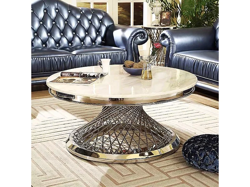 Table Basse DELUXE Ronde Plateau Verre Trempé Marbré Blanc Structure Chrome D100x45cm