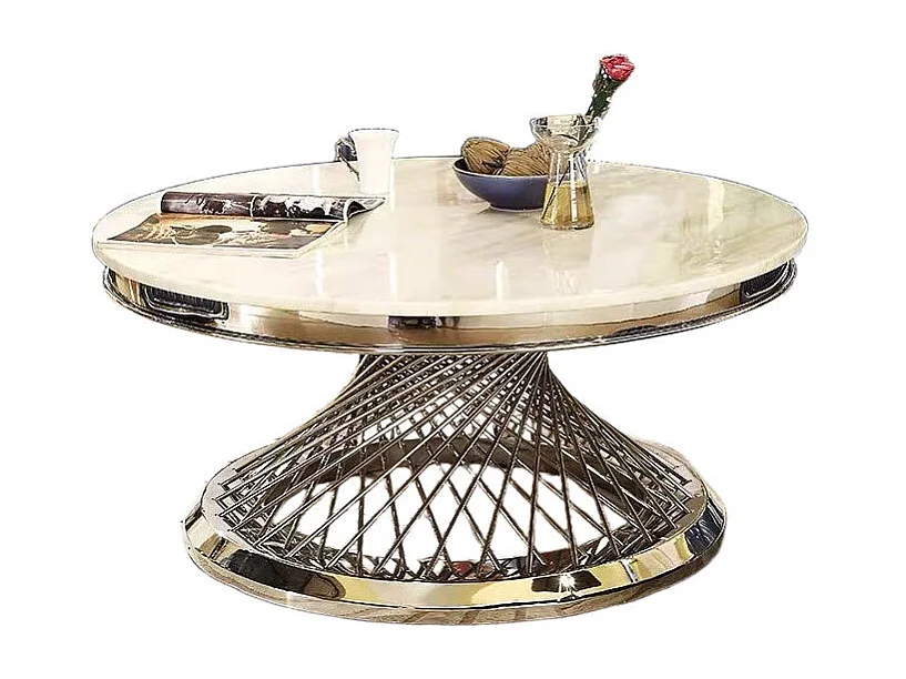 Table Basse DELUXE Ronde Plateau Verre Trempé Marbré Blanc Structure Chrome D100x45cm
