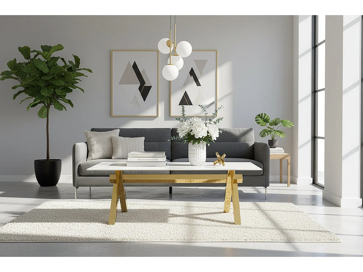 Table Basse IXE Métal Gold Plateau Verre Trempé Marbré Blanc 120x60x45cm