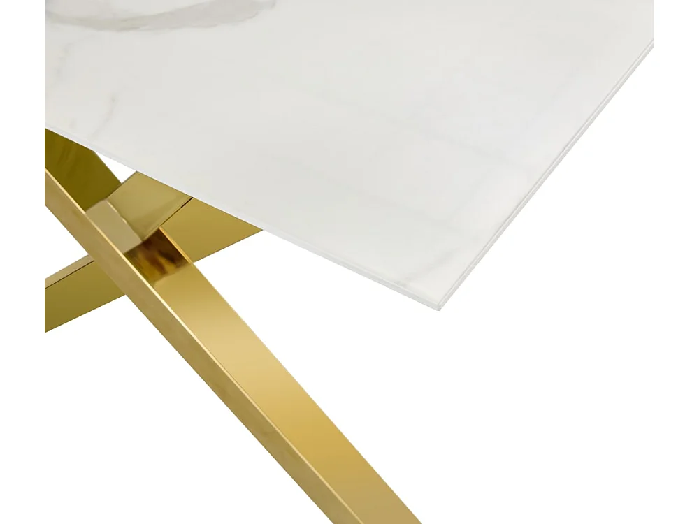 Table Basse IXE Métal Gold Plateau Verre Trempé Marbré Blanc 120x60x45cm