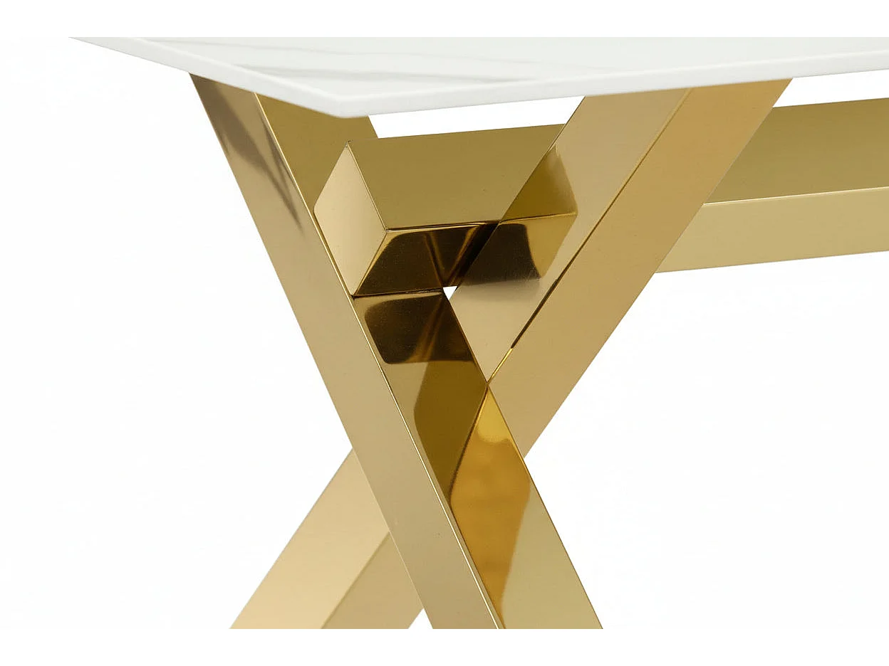 Table Basse IXE Métal Gold Plateau Verre Trempé Marbré Blanc 120x60x45cm
