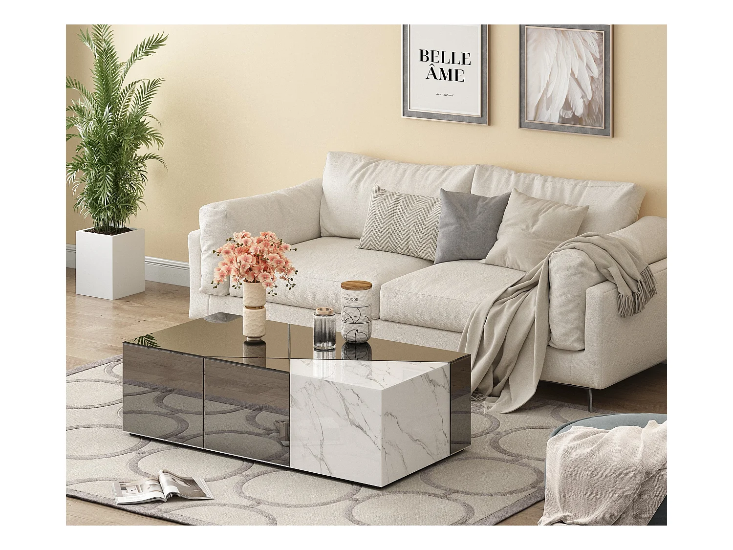 Table Basse ALPHA – Miroir Gris & Marbre – 120x60x36 cm