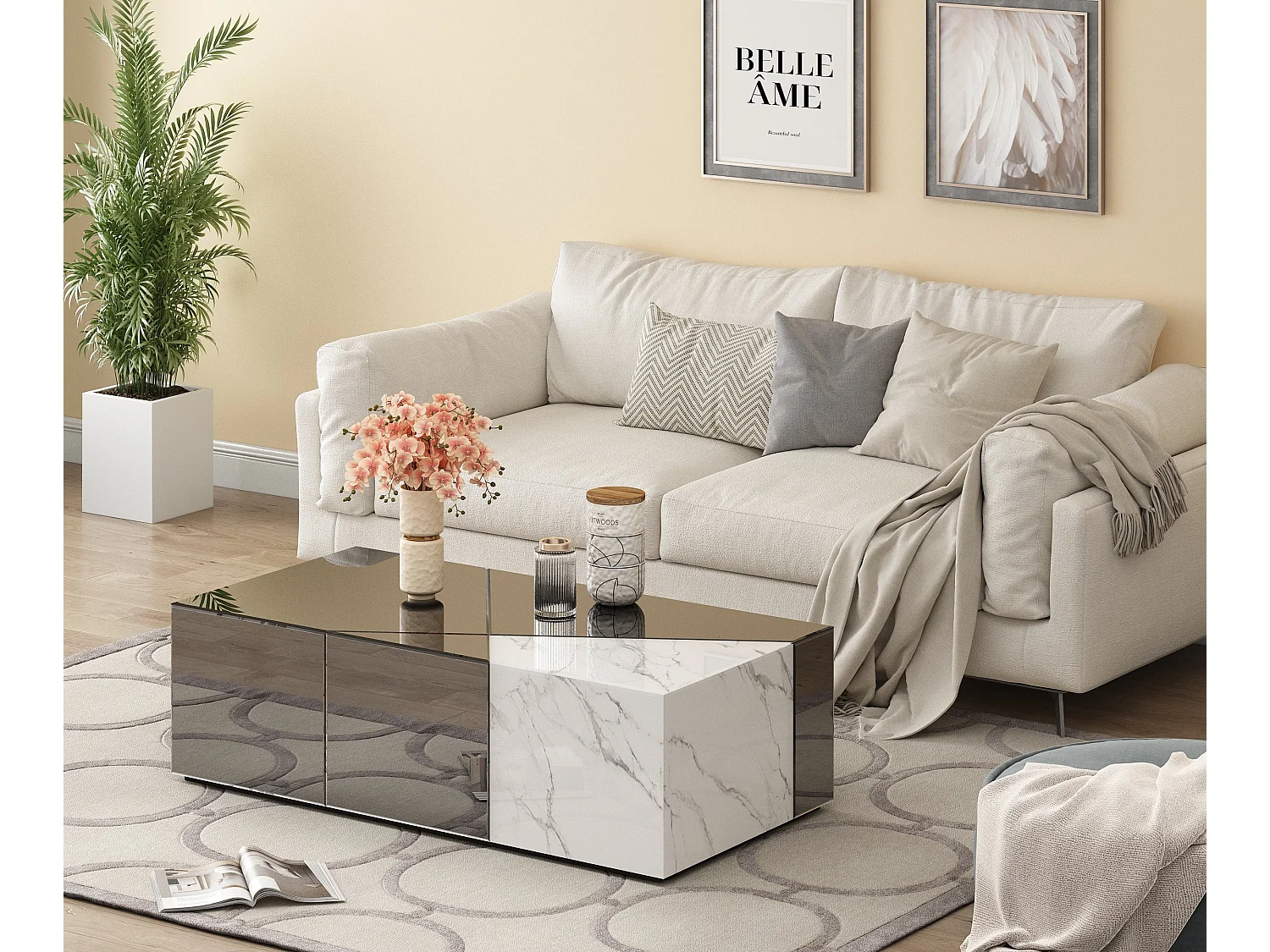 Table Basse ALPHA – Miroir Gris & Marbre – 120x60x36 cm