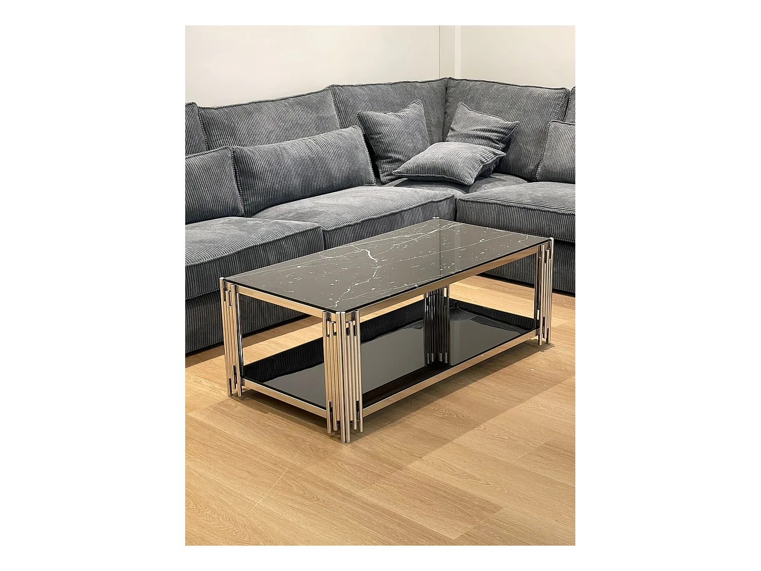 Table Basse FLUTE Chrome et plateau en verre 120x60x45 cm