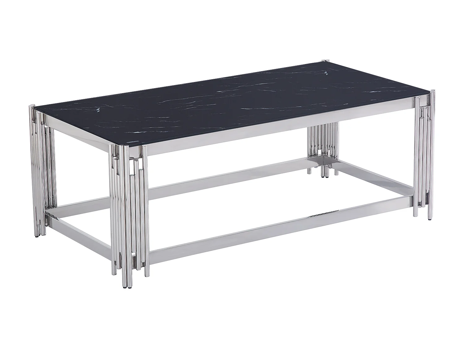 Table Basse FLUTE Chrome et plateau en verre 120x60x45 cm - Marbré noir