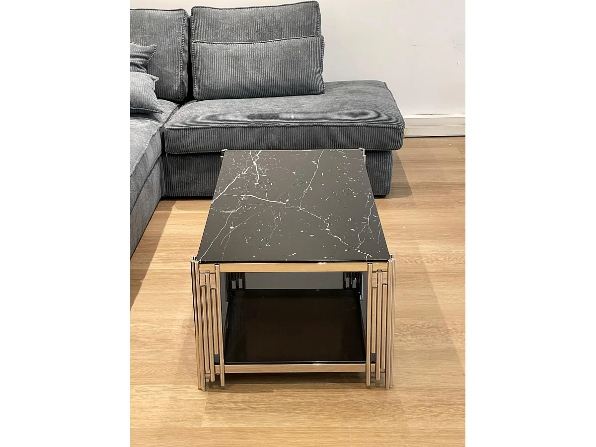 Table Basse FLUTE Chrome et plateau en verre 120x60x45 cm - Marbré noir