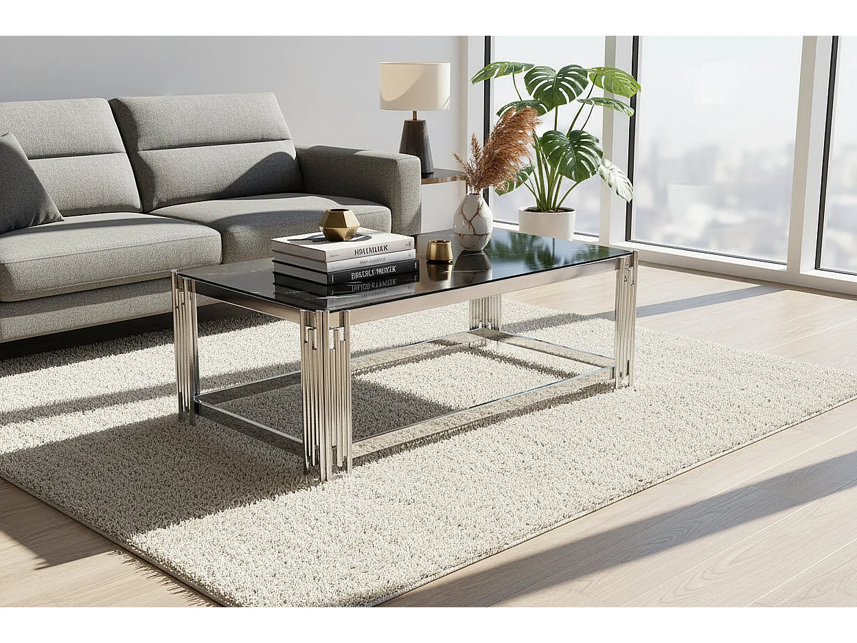 Table Basse FLUTE Rectangle Double Plateau Verre Trempé Marbré Noir Structure Chrome 120x60x45cm