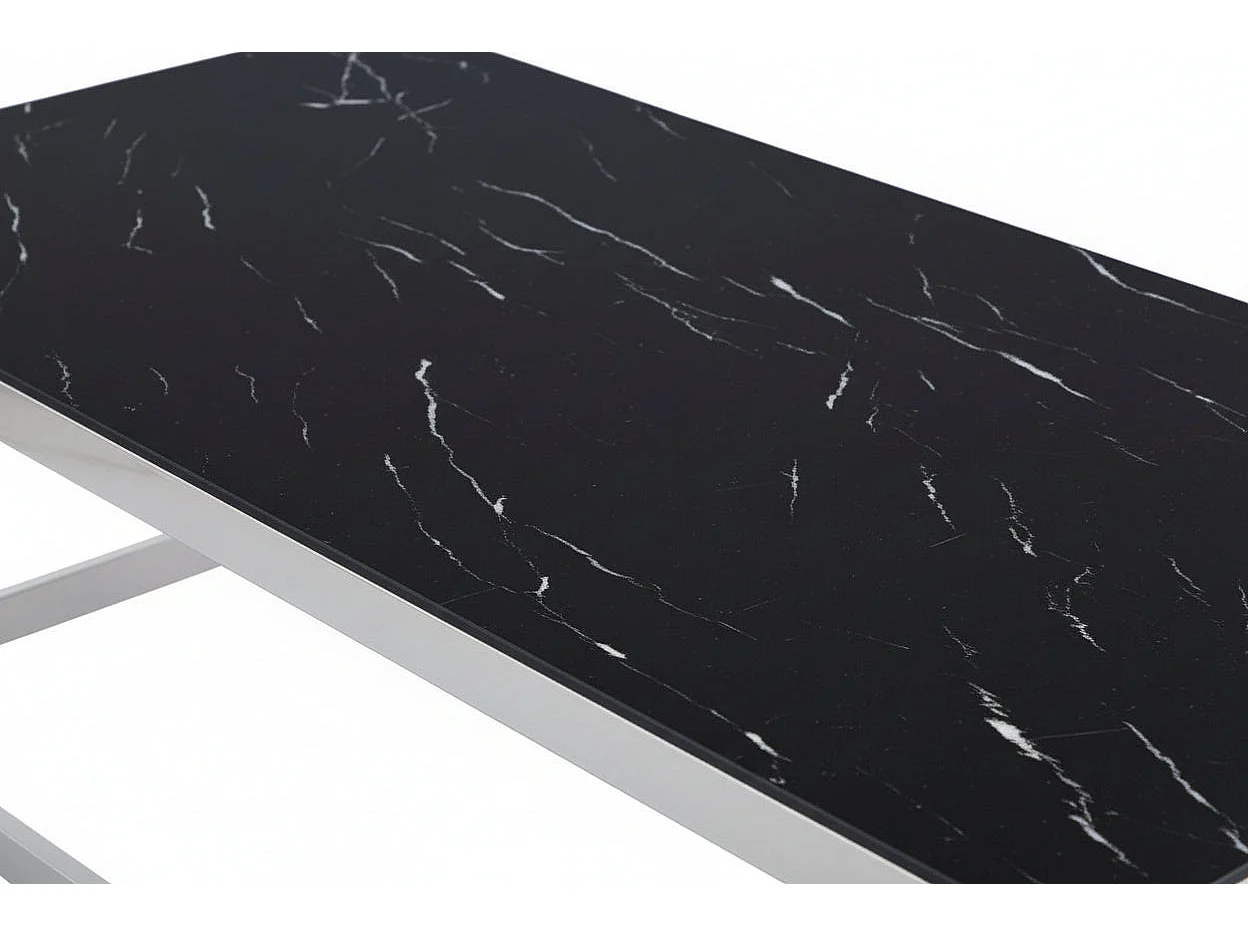 Table Basse FLUTE Rectangle Double Plateau Verre Trempé Marbré Noir Structure Chrome 120x60x45cm