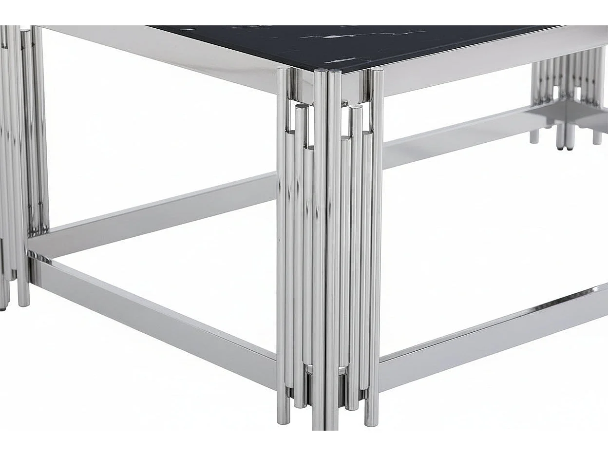 Table Basse FLUTE Rectangle Double Plateau Verre Trempé Marbré Noir Structure Chrome 120x60x45cm
