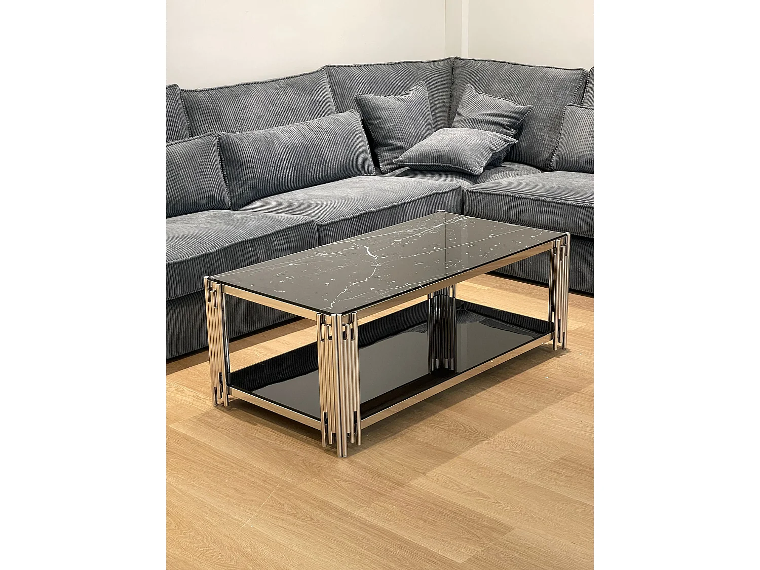 Table Basse FLUTE Rectangle Double Plateau Verre Trempé Marbré Noir Structure Chrome 120x60x45cm