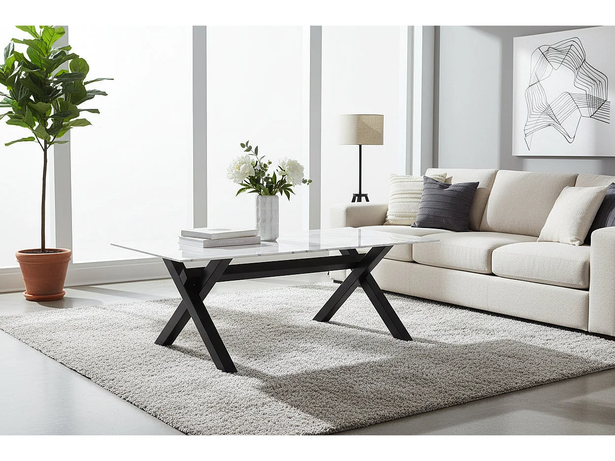 Table Basse IXE Métal Chrome Plateau Verre Trempé Marbré Blanc 120x60x45cm