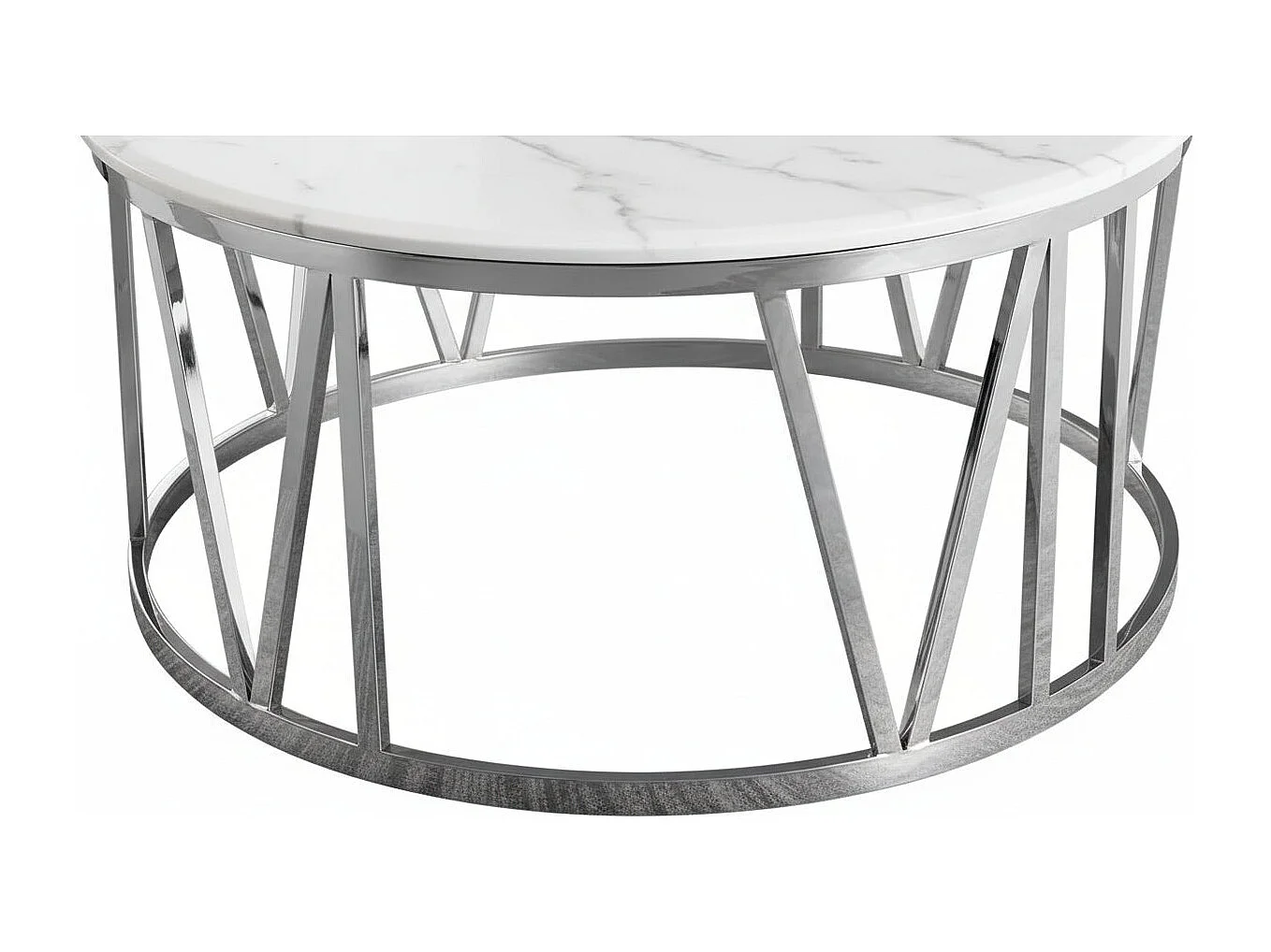 Table Basse ATMOS Ronde Plateau Verre Trempé Marbré Blanc Pieds Chrome D100x45cm
