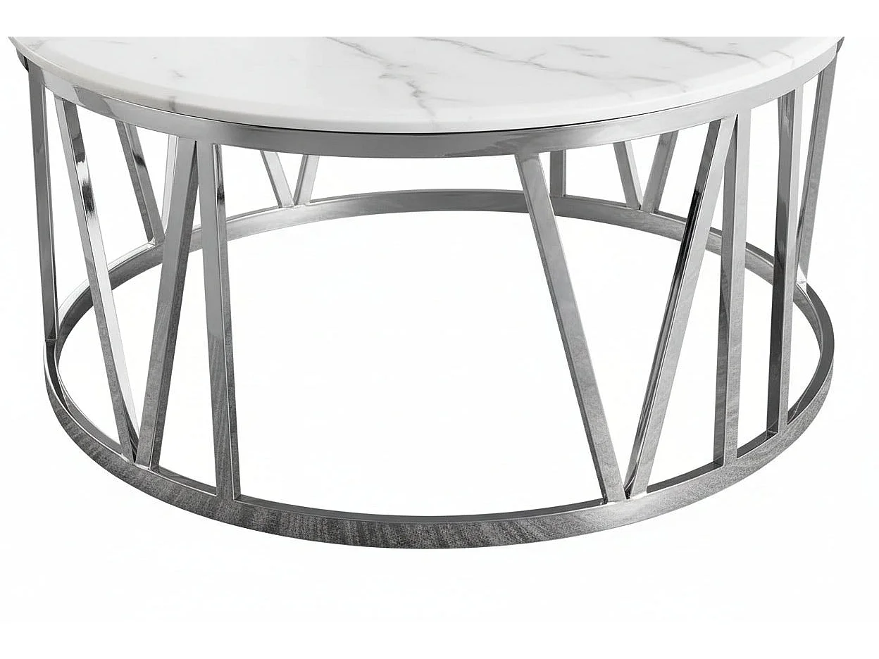 Table Basse ATMOS Ronde Plateau Verre Trempé Marbré Blanc Pieds Chrome D100x45cm