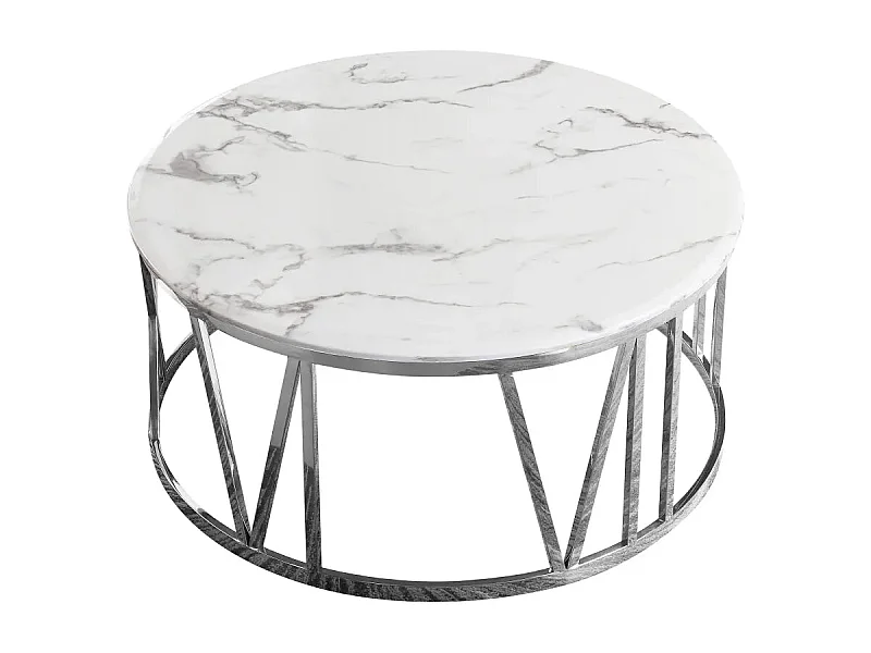 Table Basse ATMOS Ronde Plateau Verre Trempé Marbré Blanc Pieds Chrome D100x45cm