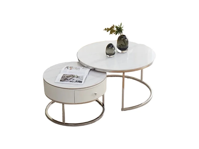 Table basse gigogne avec tiroir NOVELA Plateau céramique Marbre blanc