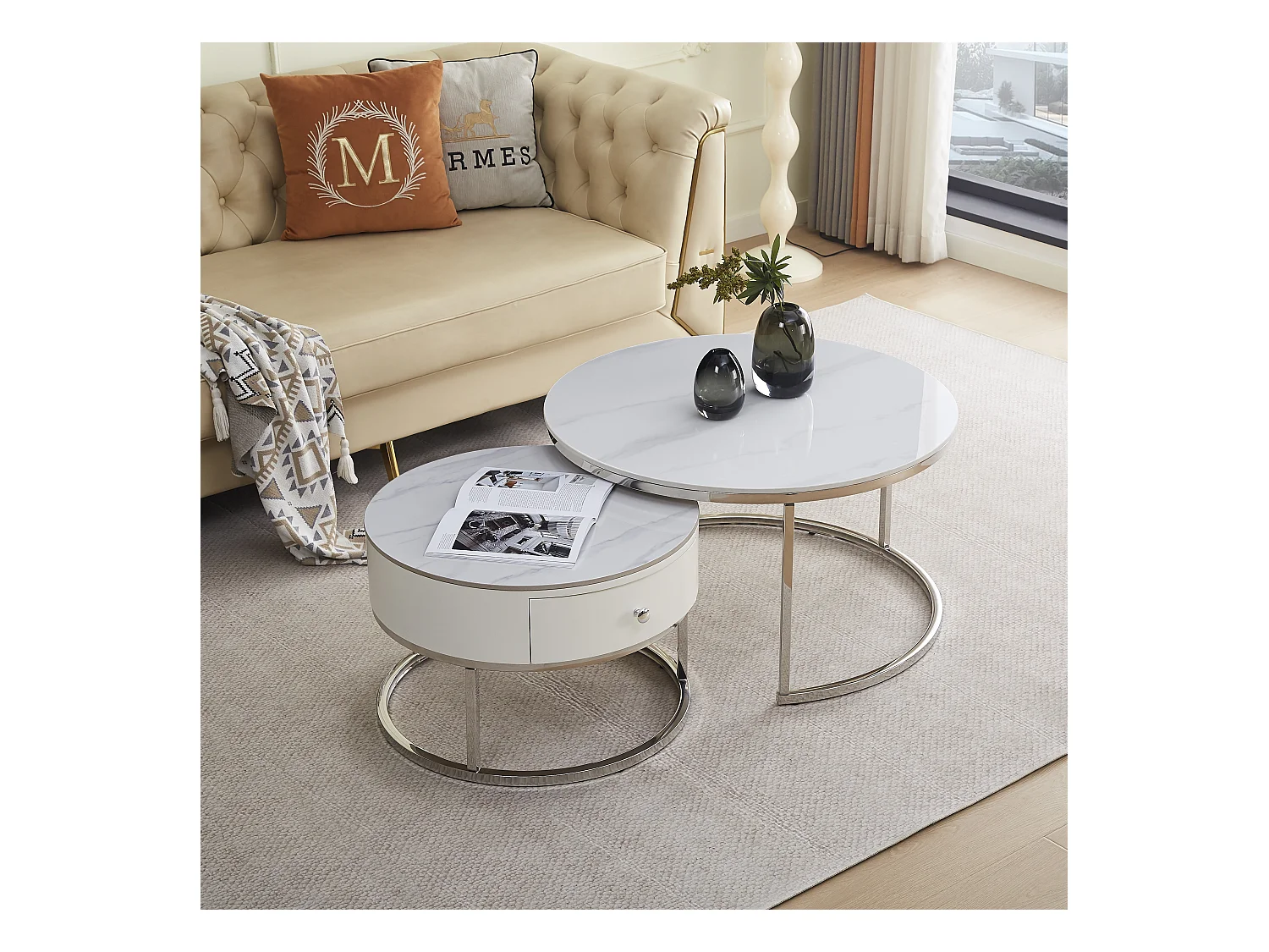 Table basse gigogne avec tiroir NOVELA Plateau céramique Marbre blanc