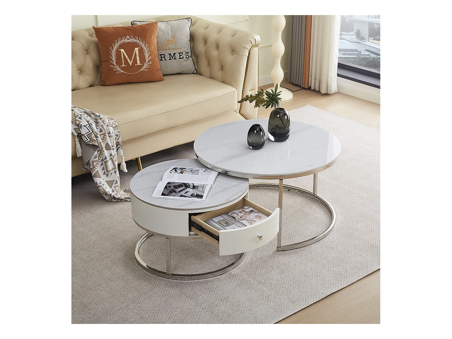 Table basse gigogne avec tiroir NOVELA Plateau céramique Marbre blanc