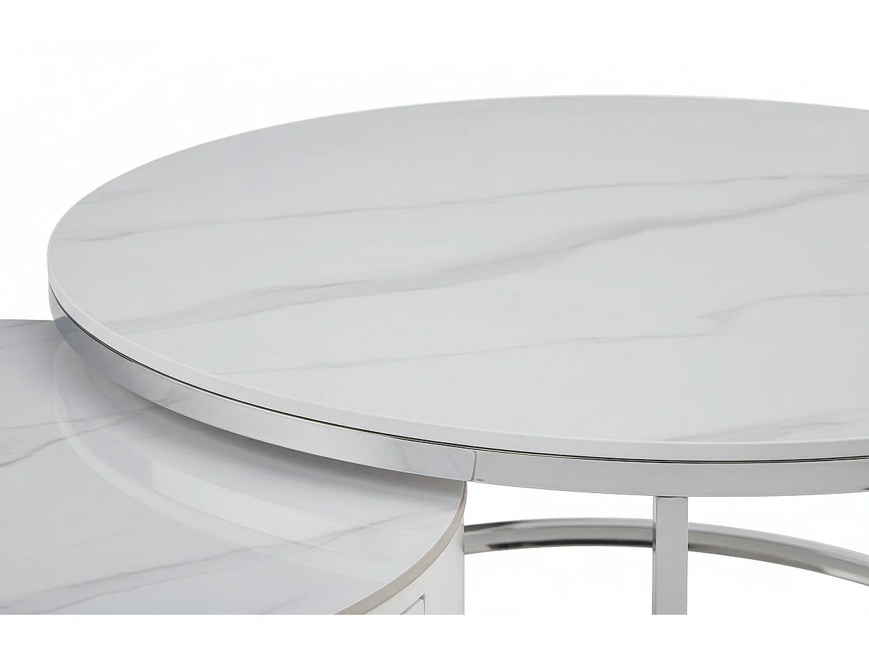 Lot 2 Tables Basses Gigognes NOVELA Avec Tiroir Céramique Marbre Blanc Métal Chrome D80/D60x45/40cm