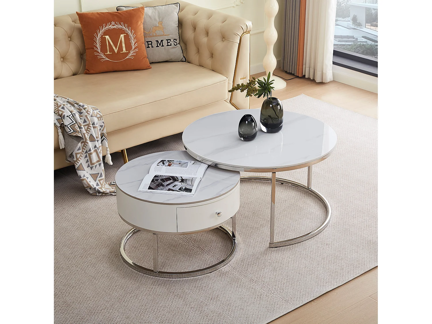 Lot 2 tables basses gigognes rondes céramique D80 D60 NOVELA