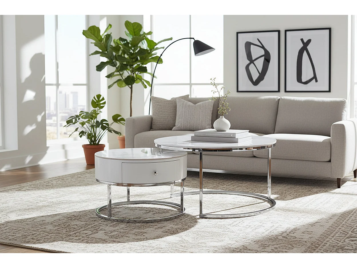 Lot 2 tables basses gigognes rondes céramique D80 D60 NOVELA