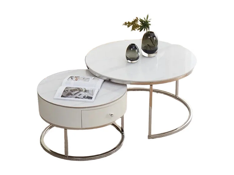 Table basse gigogne avec tiroir NOVELA Plateau céramique Marbre blanc