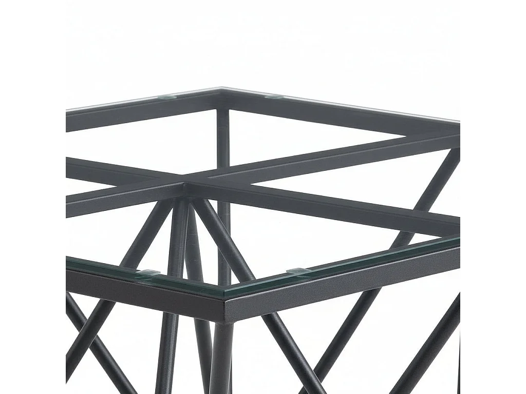 Table Basse Carrée GIZE Plateau Verre Trempé Transparent Pieds Métal Noir 80x80x45cm