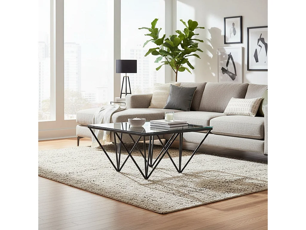 Table Basse Carrée GIZE Plateau Verre Trempé Transparent Pieds Métal Noir 80x80x45cm