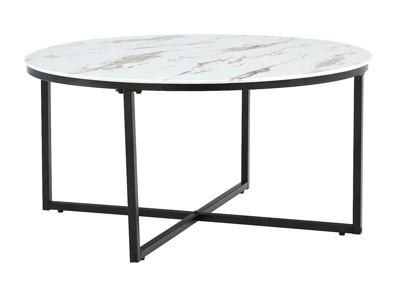 Table Basse LORIE Ronde Plateau Verre Trempé Marbré Blanc Structure Métal Noir D90x45cm