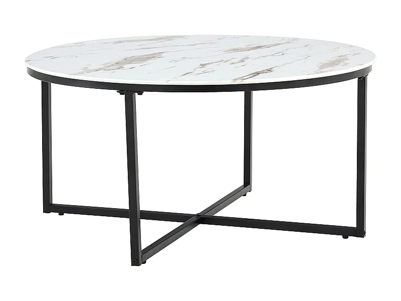 Table basse ronde LORIE métal noir plateau en verre D90 cm - Marbré blanc