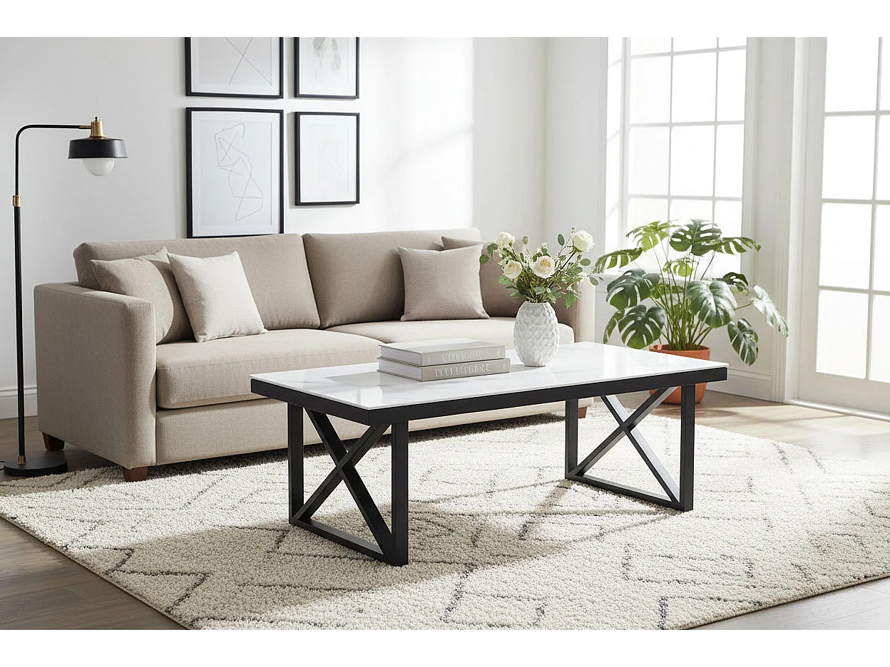 Table Basse LEVANTO Plateau Verre Trempé Marbré Blanc Structure Métal Noir 120x60x45cm