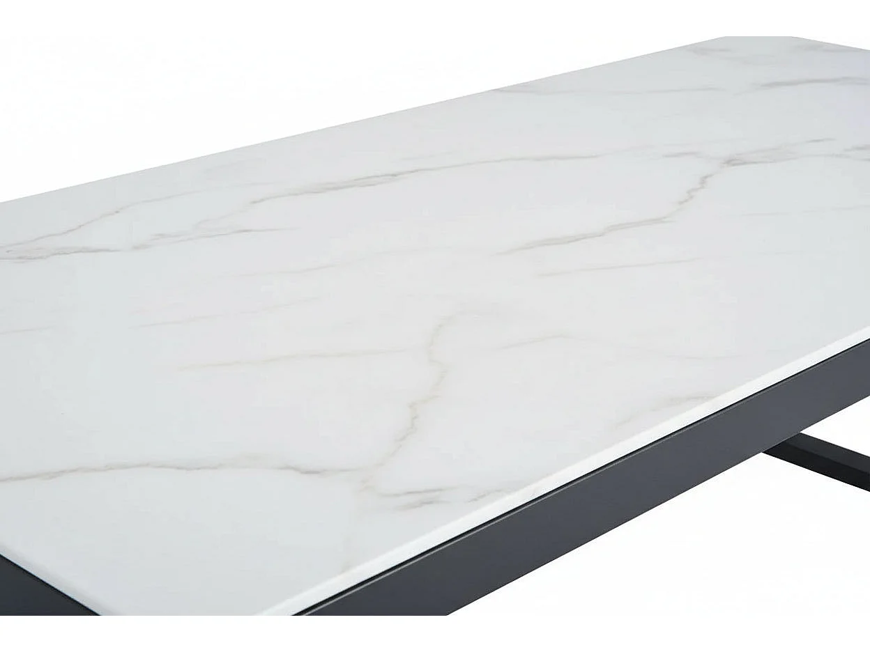 Table Basse LEVANTO Plateau Verre Trempé Marbré Blanc Structure Métal Noir 120x60x45cm