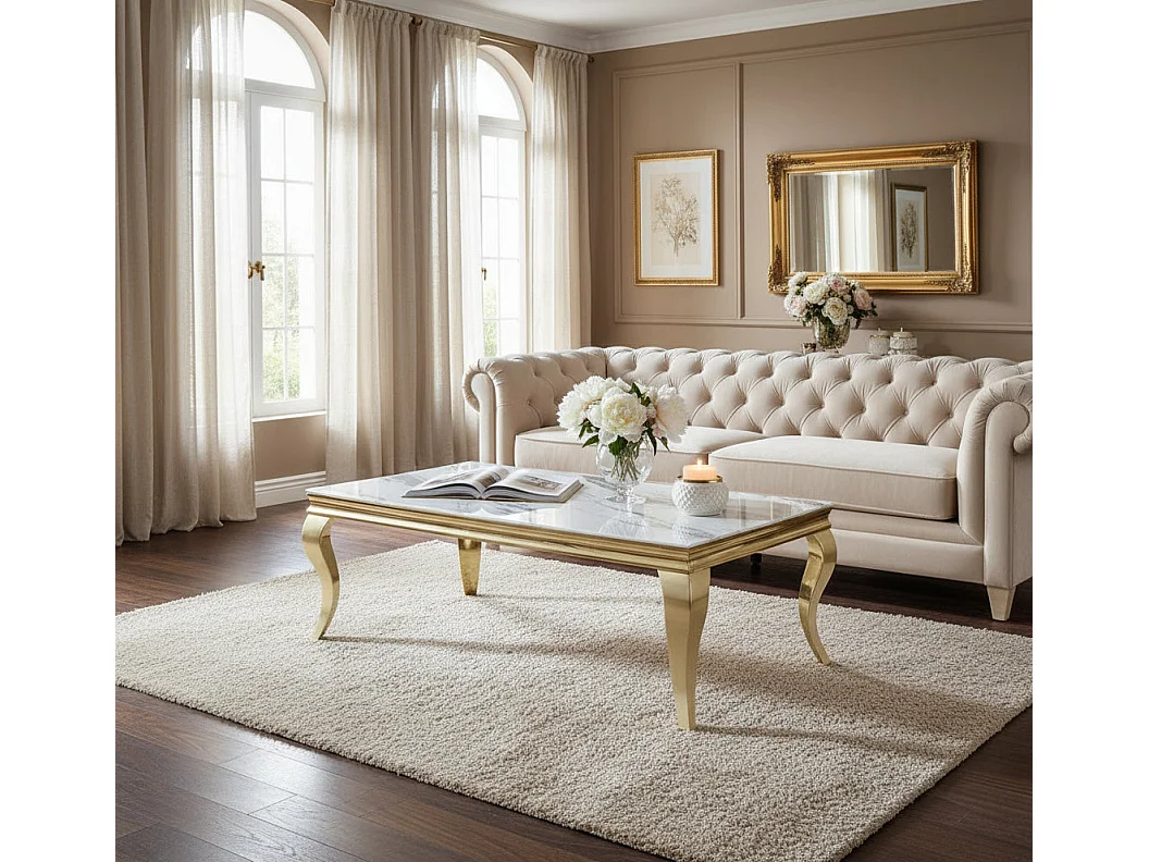 Table basse BAROQUE Gold 120x60x45 cm - Plateau Marbré blanc