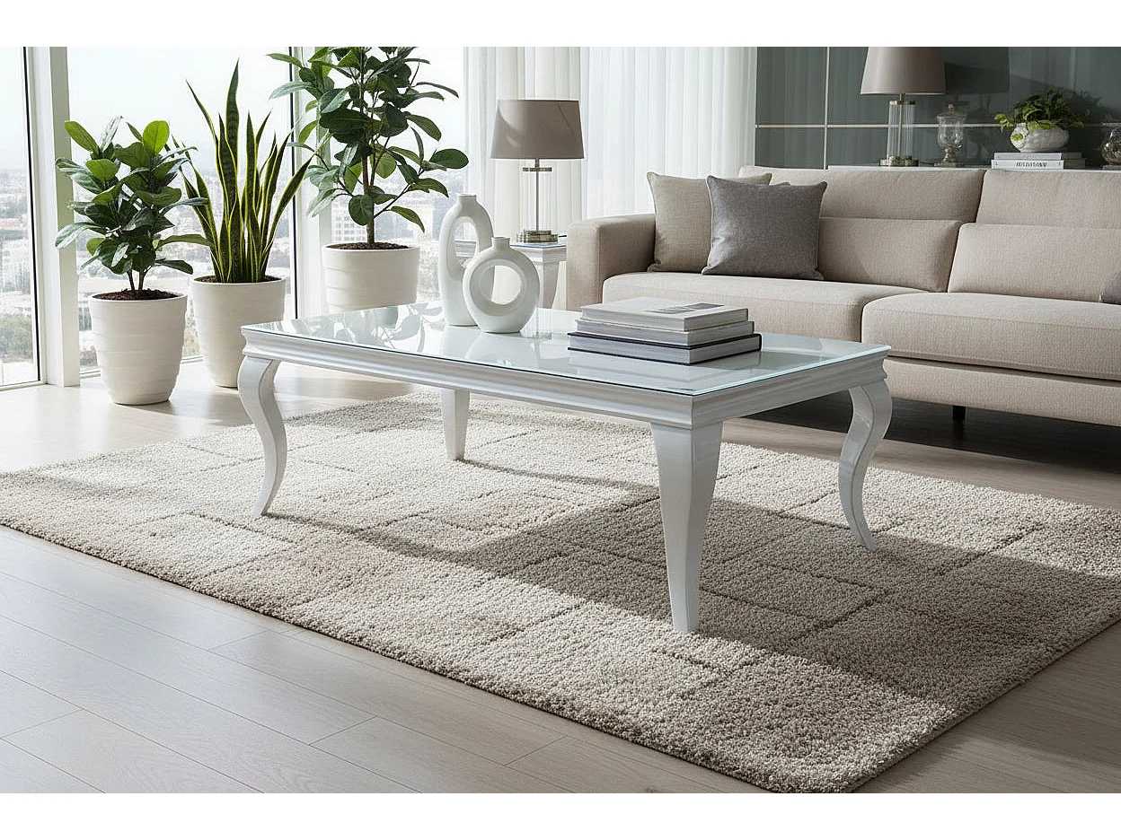 Table Basse BAROQUE Rectangle Plateau Verre Trempé Blanc Pieds Chrome 120x60x45cm