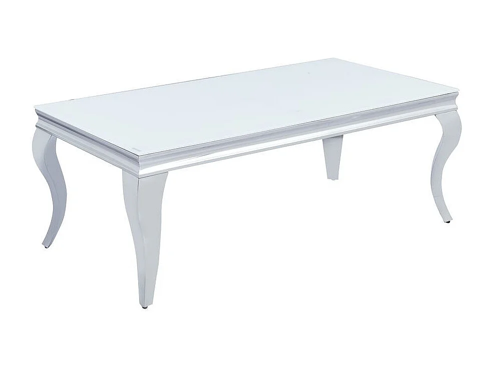 Table Basse BAROQUE Rectangle Plateau Verre Trempé Blanc Pieds Chrome 120x60x45cm