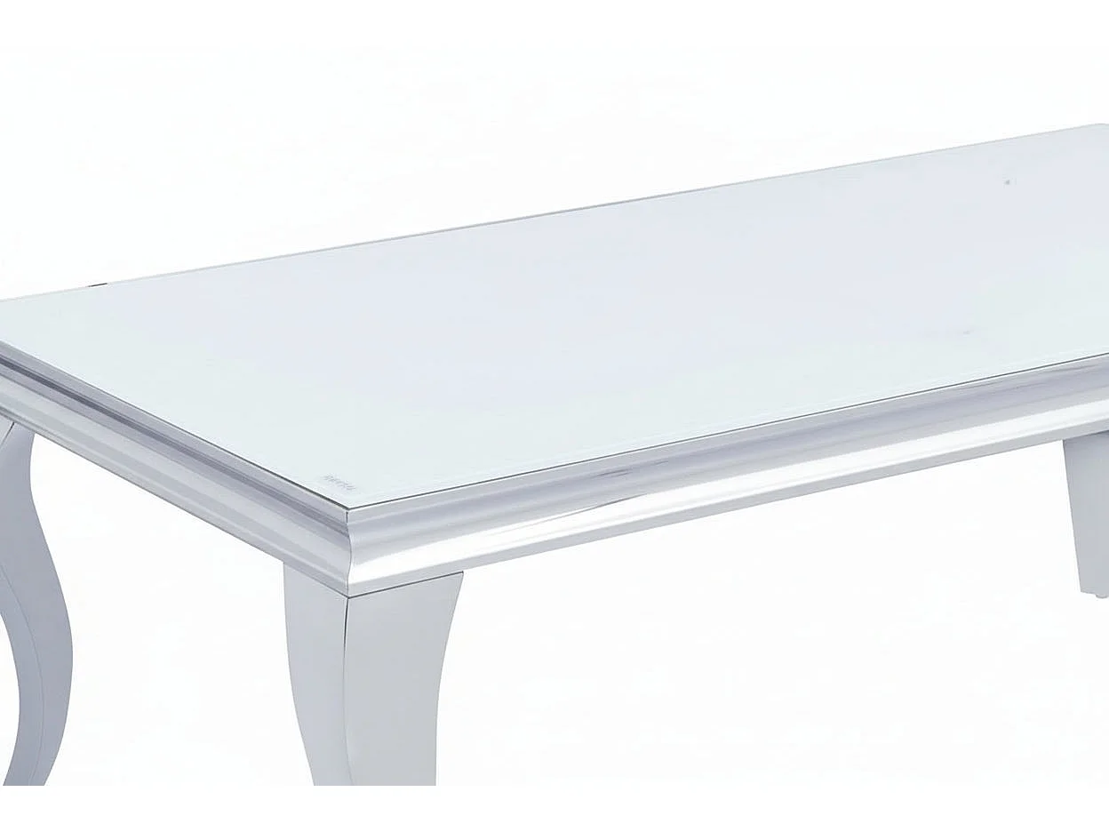 Table Basse BAROQUE Rectangle Plateau Verre Trempé Blanc Pieds Chrome 120x60x45cm