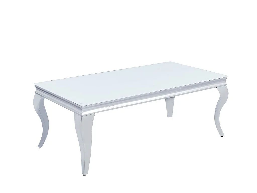 Table Basse BAROQUE Rectangle Plateau Verre Trempé Blanc Pieds Chrome 120x60x45cm